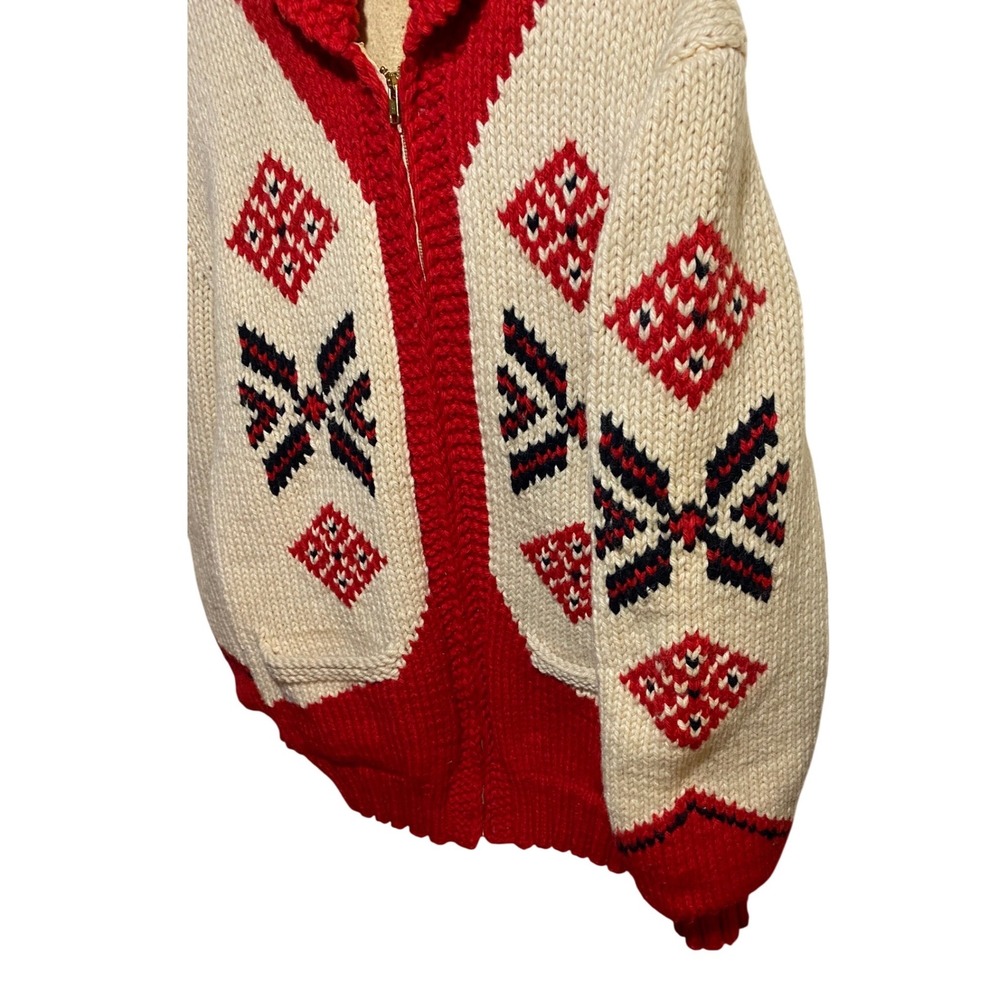 Vintage Mary Maxim Pueblo Indian Hand Knit Cowichan Sweater‎ Red Cream Zip XL - Picture 3 of 7